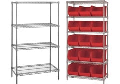Bins, Shelving, & Storage - Two wire shelf racks next to one another, one full of red, open storage bins