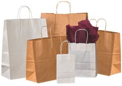 Retail - Various sizes and colors of shopping bags, one with tissue paper sticking out from the top
